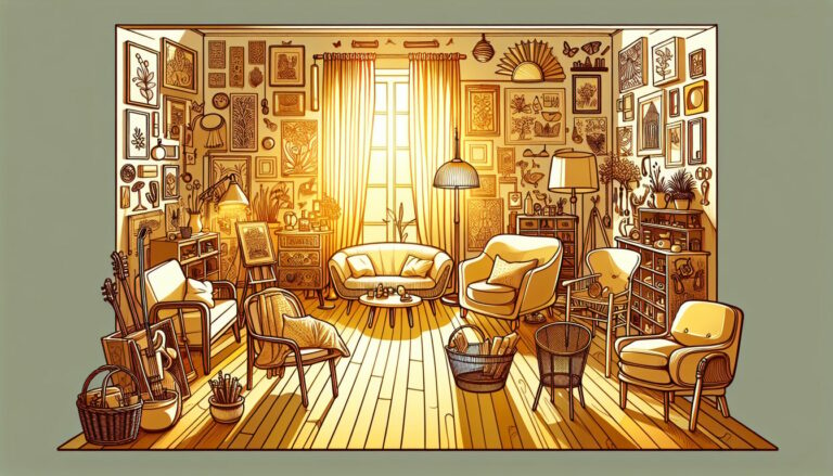 A cartoon styled warm, cozy room bathed in golden light, filled with eclectic furniture, art pieces, and memorabilia, each telling a unique story of someone's life journey and personal growth. A space that invites viewers to contemplate, explore, and be inspired to personalize their own environments.