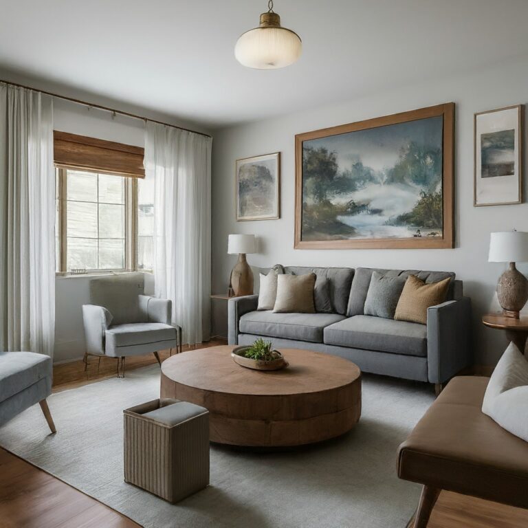 A modern living room with comfortable furniture arranged for conversation and relaxation. A bookshelf and reading nook create a cozy atmosphere, while a well-placed gallery wall adds visual interest. Design.