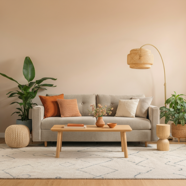 Cozy living room with neutral beige walls, a soft gray sofa, and warm terracotta and cream accents. The room features natural elements, including a potted plant, woven pouf, and wooden coffee table, creating a harmonious and inviting space with an earthy, minimalist design.