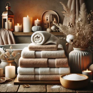 Cozy and luxurious interior scene featuring neatly stacked fluffy towels, warm neutral tones, spa-like elements including candles, wooden textures, and greenery, creating a modern and inviting ambiance perfect for winter comfort and elegance.