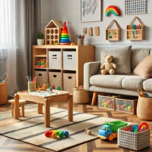 A stylish toddler play area in a family living room, with a soft play mat, colorful wooden toys, a small drawing table, and low storage bins that blend into the decor.