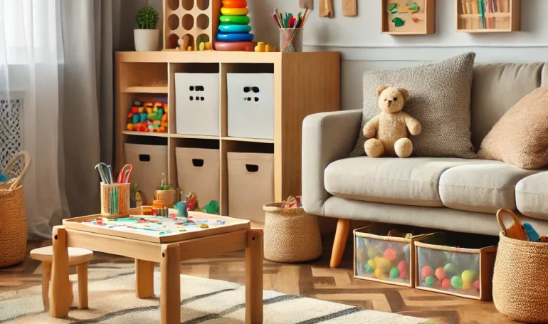 A stylish toddler play area in a family living room, with a soft play mat, colorful wooden toys, a small drawing table, and low storage bins that blend into the decor.