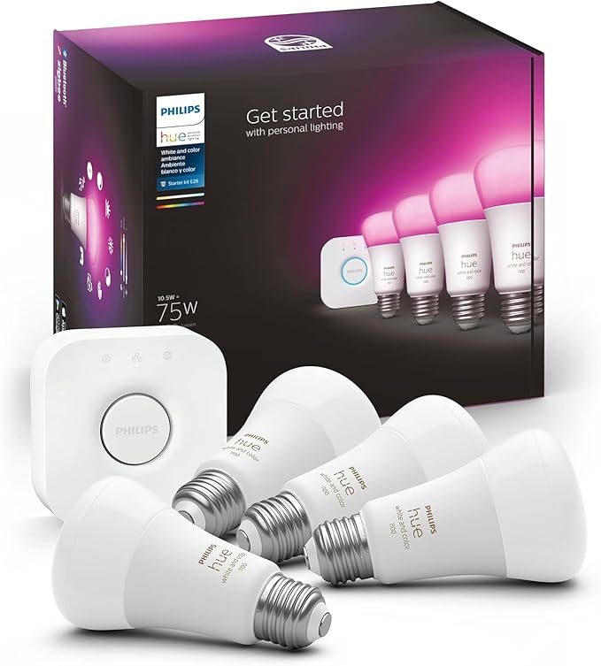 Philips Hue Smart Light Starter Kit with customizable lighting options for mood enhancement.