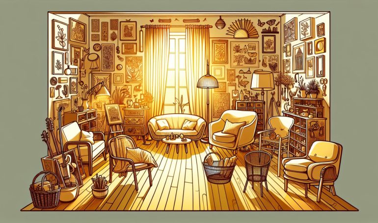 A cartoon styled warm, cozy room bathed in golden light, filled with eclectic furniture, art pieces, and memorabilia, each telling a unique story of someone's life journey and personal growth. A space that invites viewers to contemplate, explore, and be inspired to personalize their own environments.