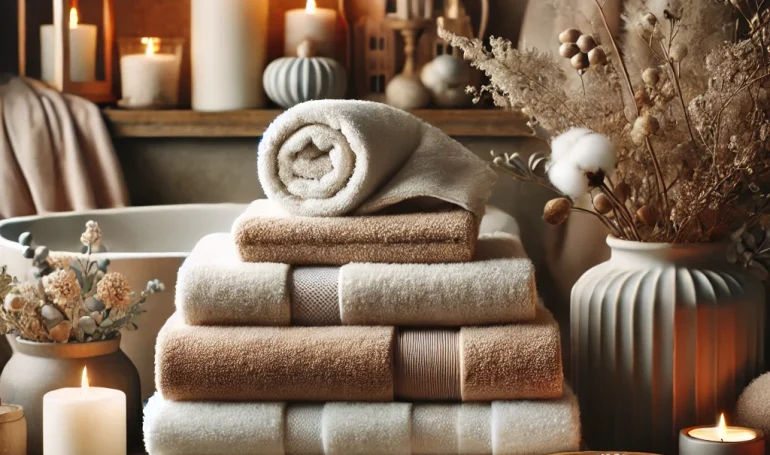 Cozy and luxurious interior scene featuring neatly stacked fluffy towels, warm neutral tones, spa-like elements including candles, wooden textures, and greenery, creating a modern and inviting ambiance perfect for winter comfort and elegance.