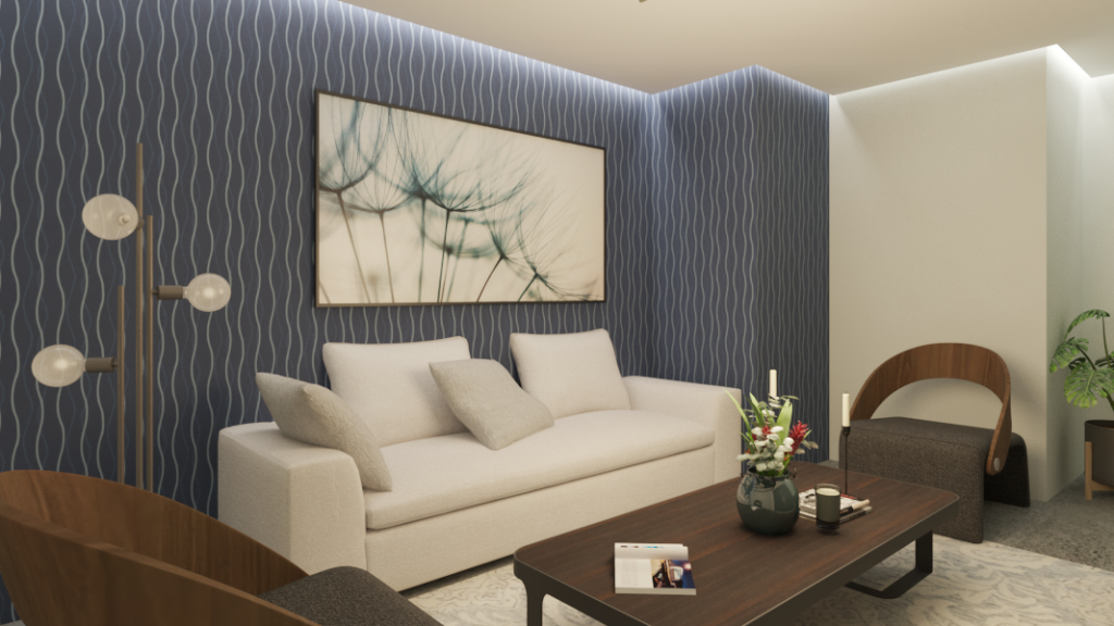 the interior of a modern living room that has blue wallpaper on the back of the room and a wall art hanged on the wall, positioned on top of the sofa.