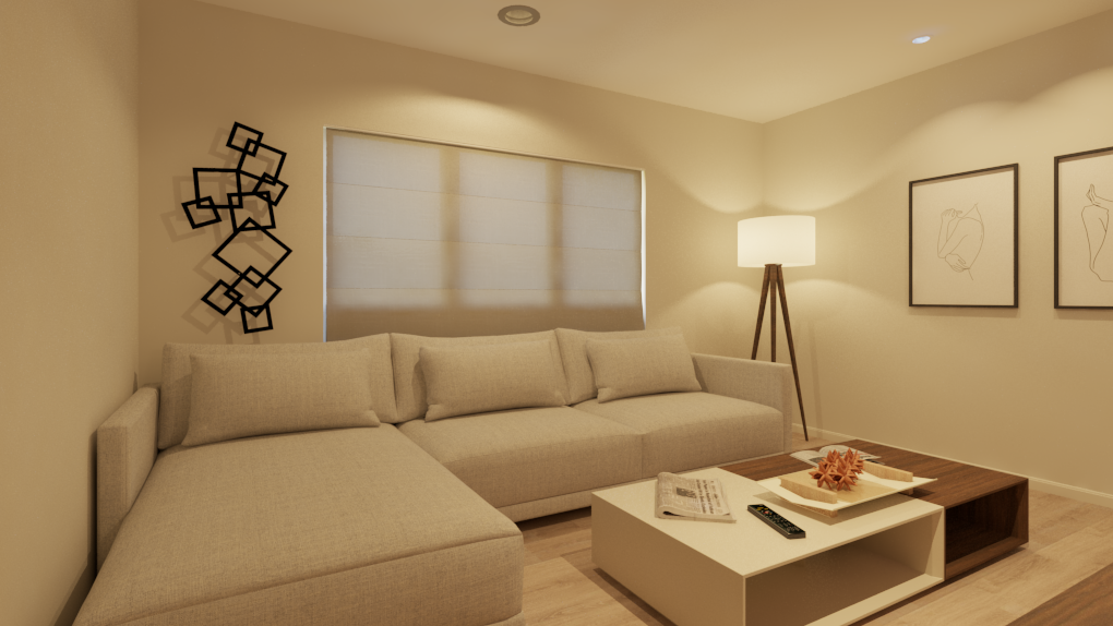 an interior of a living room with a warm composition of lights.