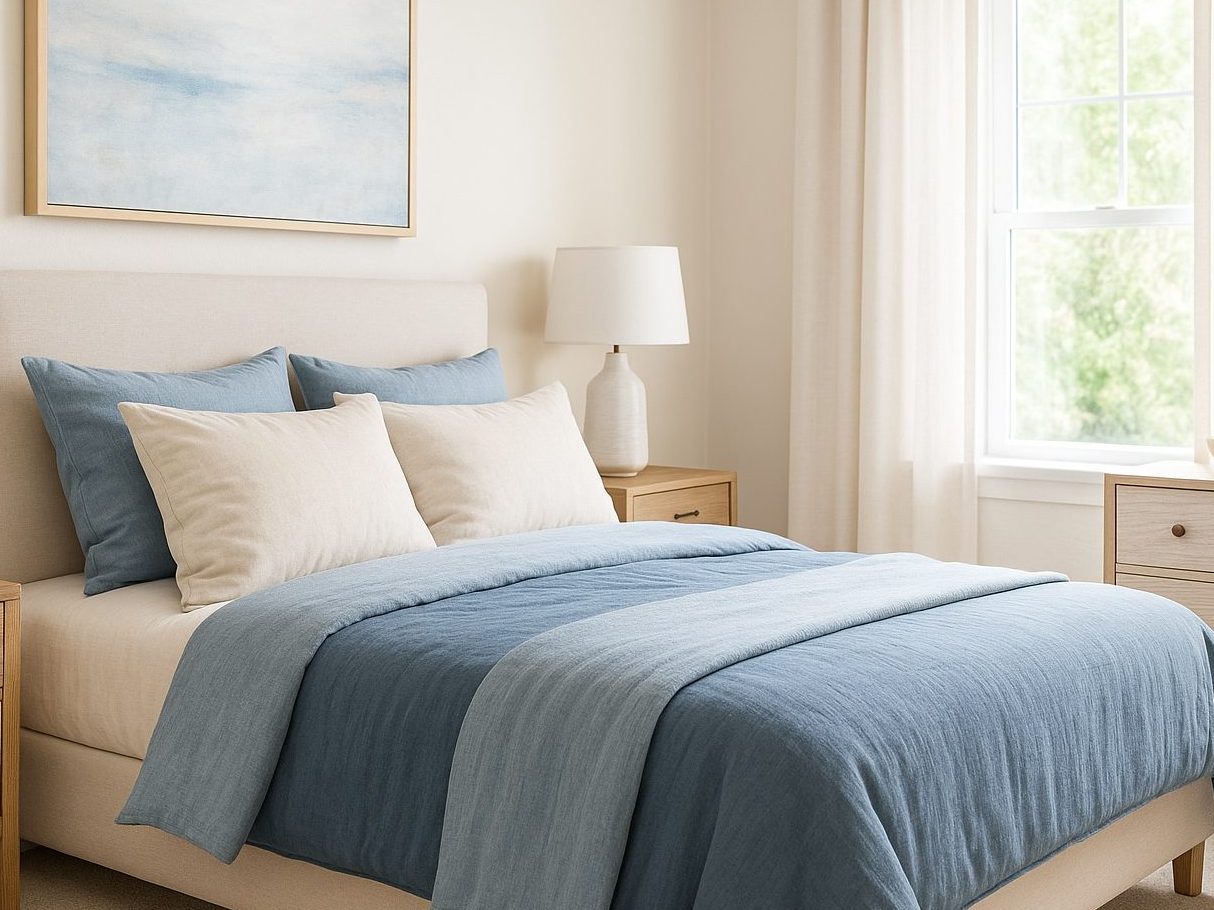 A serene bedroom featuring a soft blue and beige color scheme, with neatly arranged pillows on a bed, a lamp on a wooden nightstand, and natural light coming through a window adorned with sheer curtains.