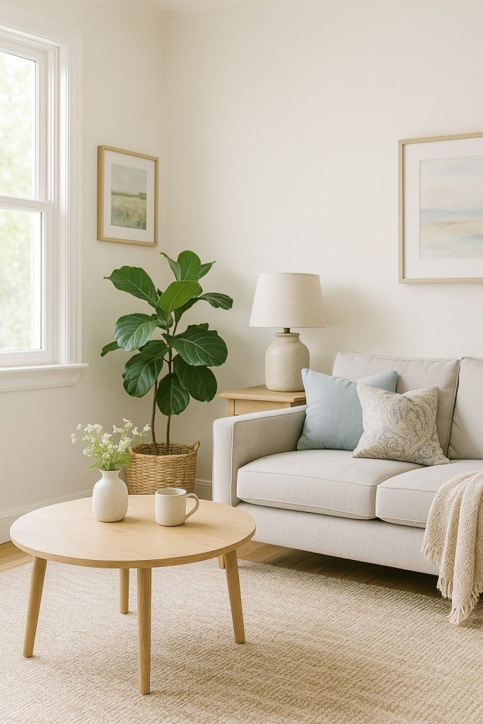 A bright, inviting living room featuring a light grey sofa with decorative pillows, a round wooden coffee table, and a small vase with flowers. A tall houseplant adds greenery, and framed artwork is displayed on the walls, enhancing the cozy aesthetic.